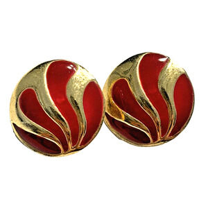 Pierced Earrings Gold & Red Enamel Rounds Career Boss Lady Chic vintage 1980s